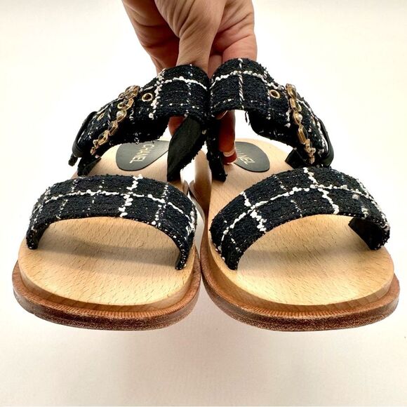 Chanel CC Logo Tweed Flat Wooden Slip -On Mules Sandals In Black  EU 39 US 8-8.5 - Picture 6 of 11